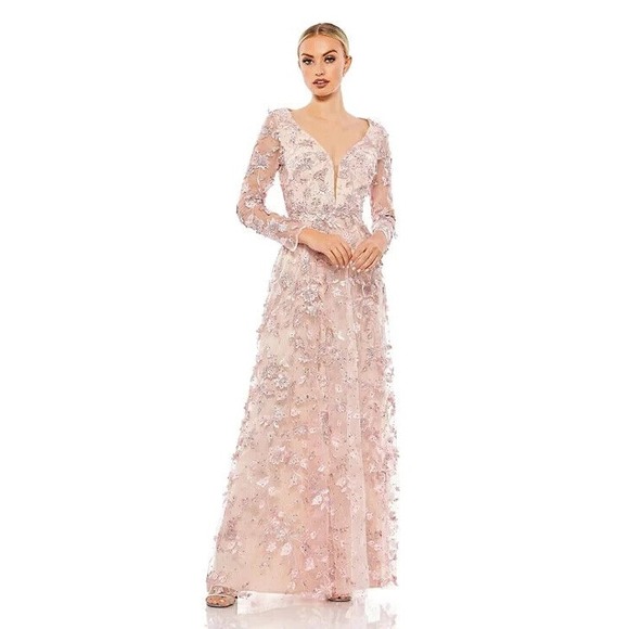 Mac Duggal Dresses & Skirts - Mac Duggal‎ Rose Pink Floral Applique Long Sleeve Illusion Gown Sz 16 NWT 70224